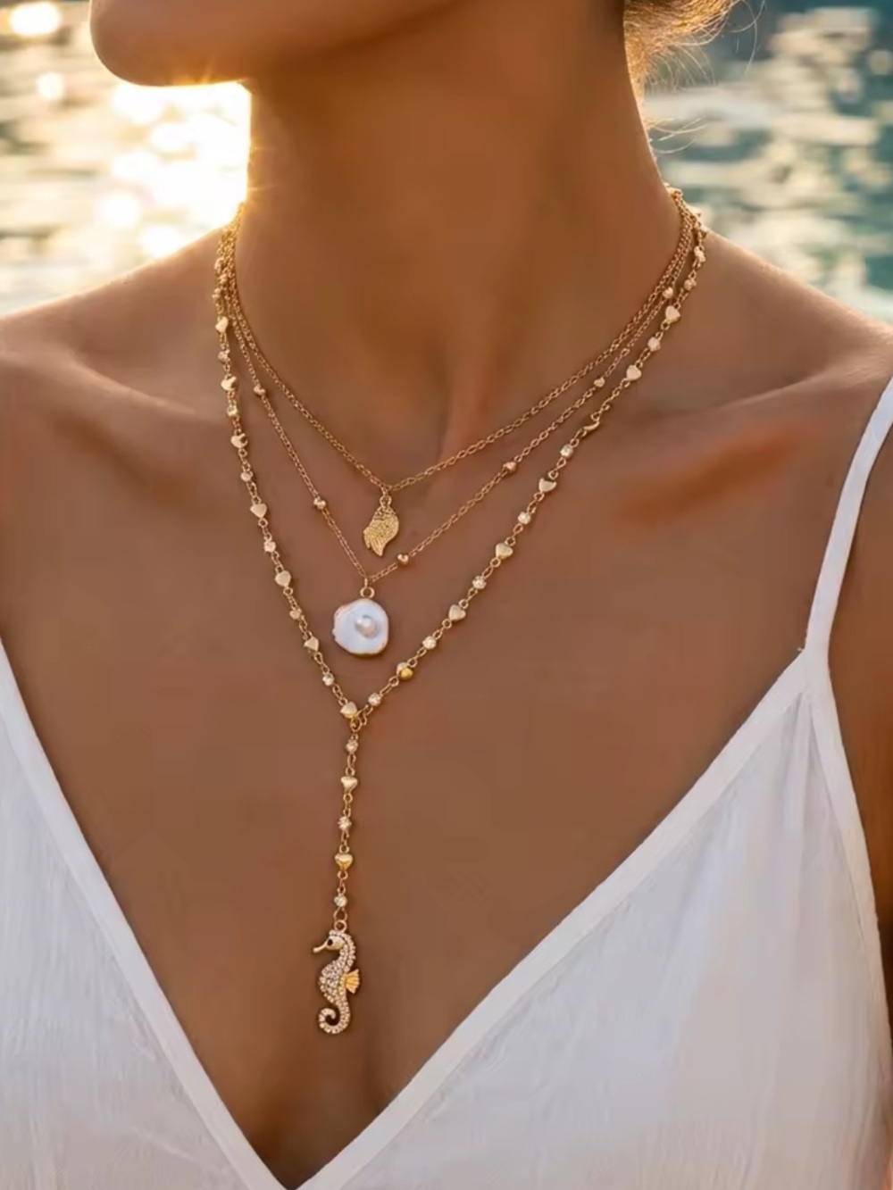 Gold Layered Pearl & Seahorse Lariat Necklace